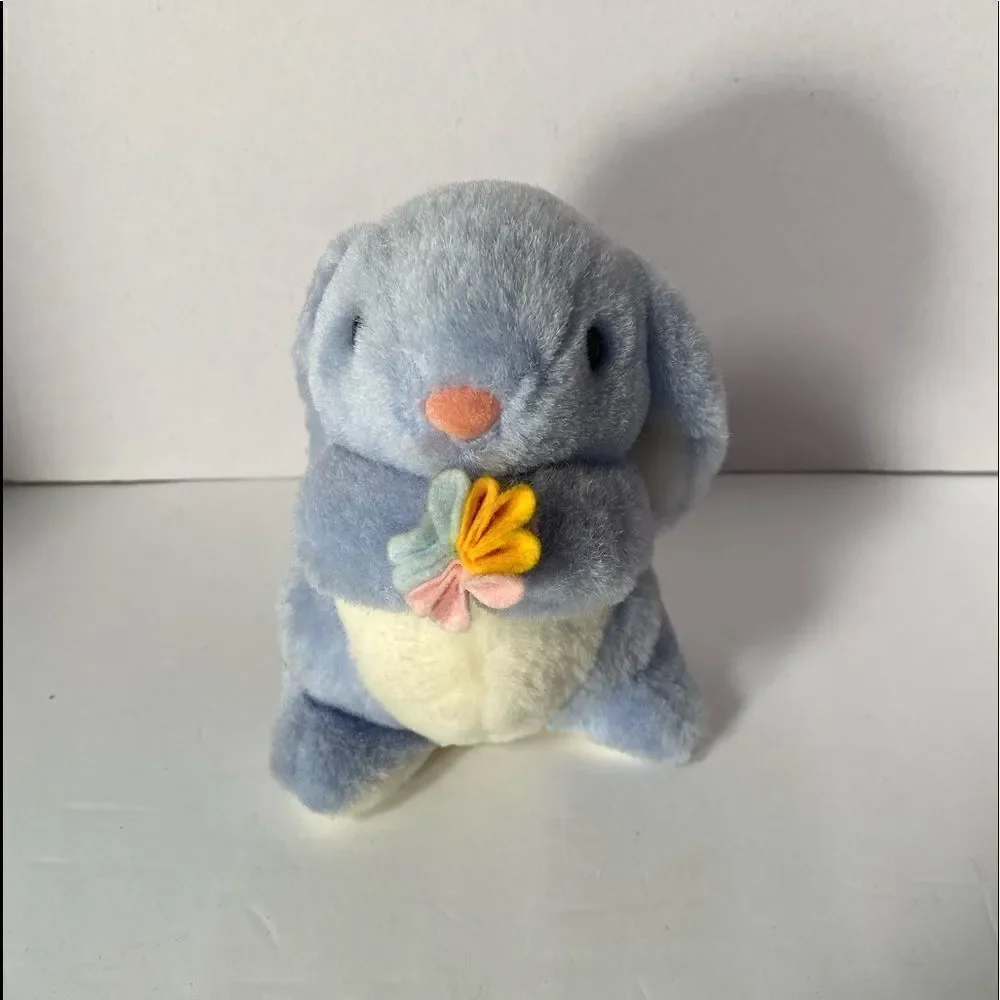 Vintage 1991 Fairview plush blue bunny rabbit holding flowers/stuffed animal/toy
